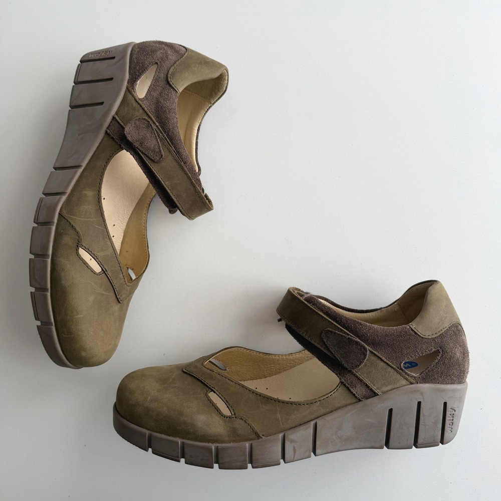 Wolky Charlotte EUC Comfort Wedge Olive Nubuck Mary Jane  Shoe EU 38 US 7 7.5